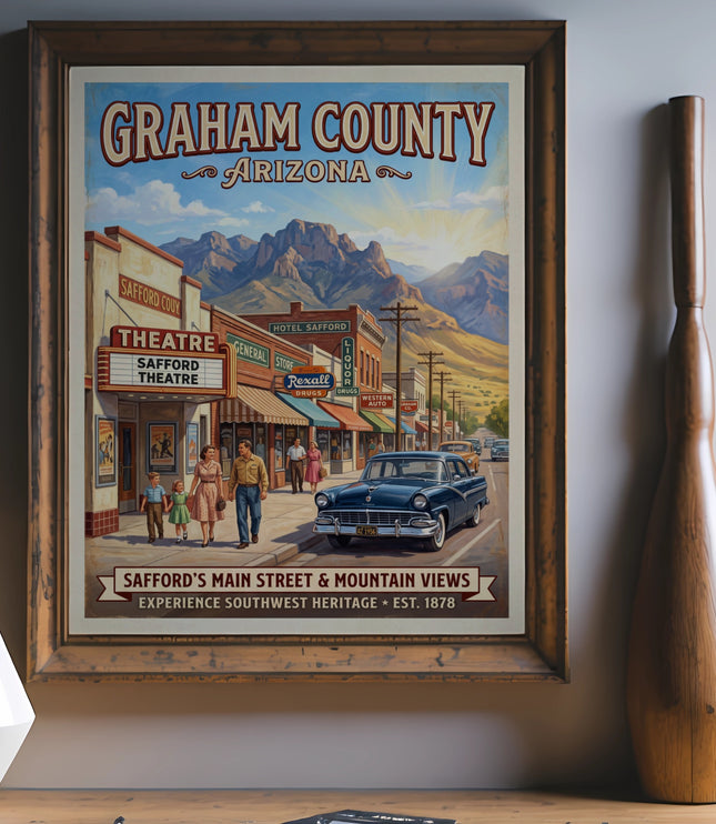 Vintage poster of Graham County Arizona depicting Safford's main street and mountain views.