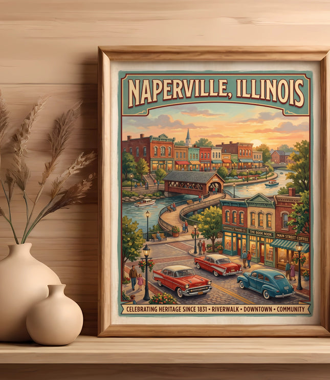 Framed art of Naperville, Illinois with vintage cars and riverwalk.
