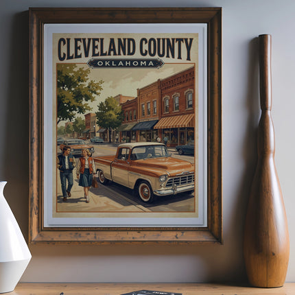 Vintage poster of Cleveland County, Oklahoma street scene with a classic truck and couple.