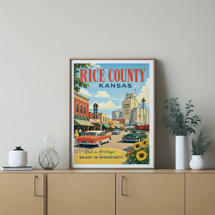 Vintage poster of Lyons, Kansas, featuring a street scene with classic cars and a grain elevator.