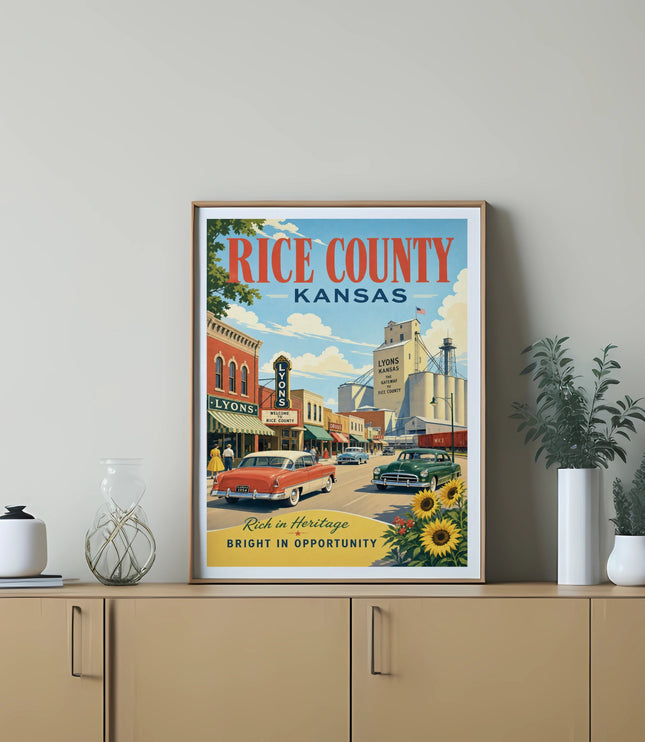 Vintage poster of Lyons, Kansas, featuring a street scene with classic cars and a grain elevator.