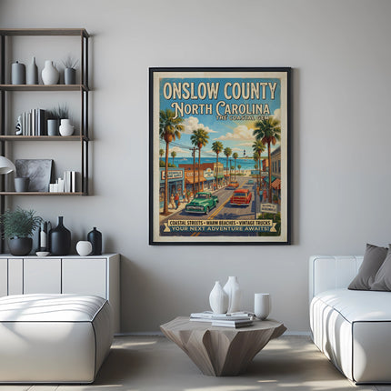 Onslow County, North Carolina vintage travel poster with coastal scene and text.