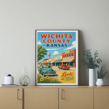 Vintage Wichita County, Kansas poster with Leoti storefronts and classic cars.