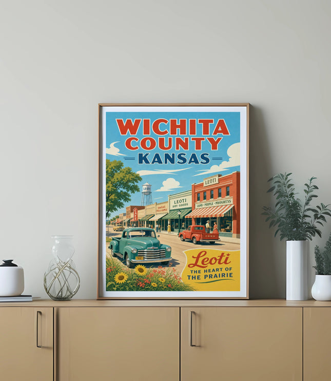 Vintage Wichita County, Kansas poster with Leoti storefronts and classic cars.