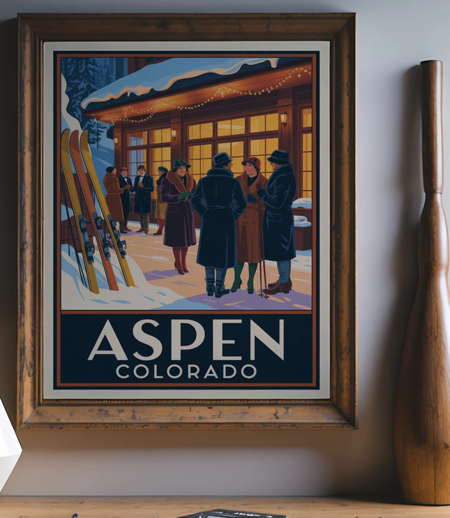 Aspen Colorado travel poster with skiers and people outside a building.