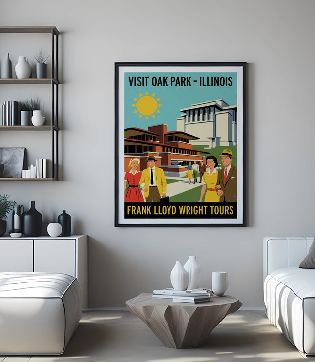Poster for Frank Lloyd Wright Tours in Oak Park, Illinois, featuring buildings and people.
