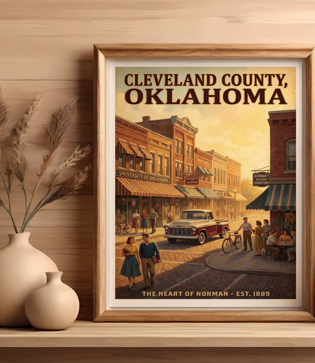 Norman, Oklahoma vintage poster with "Cleveland County, Oklahoma" and people on street.