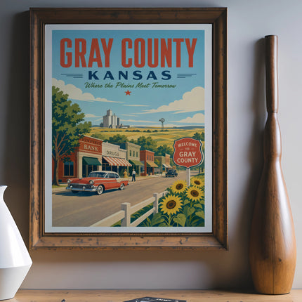 Vintage poster for Gray County, Kansas, featuring a small town scene with sunflowers.