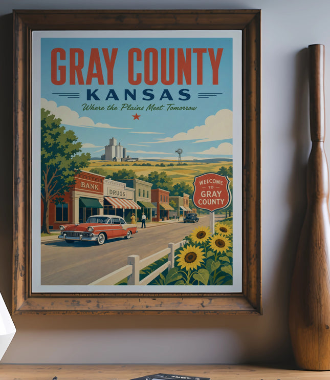 Vintage poster for Gray County, Kansas, featuring a small town scene with sunflowers.