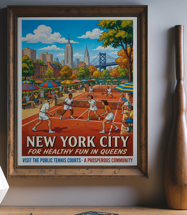 New York City poster depicting tennis courts with Empire State Building and bridge.