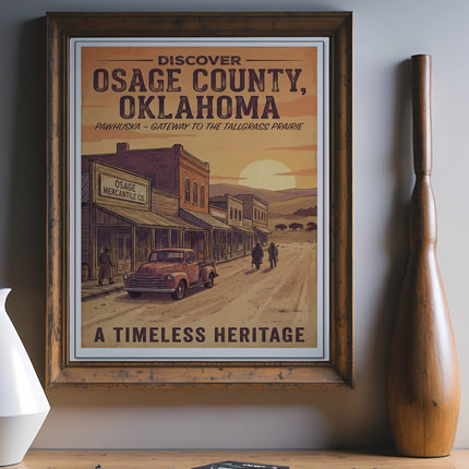 Osage County, Oklahoma vintage travel poster featuring Pawhuska street scene.