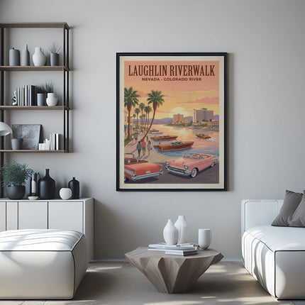 Laughlin Riverwalk Nevada Colorado River poster with vintage cars and palm trees.