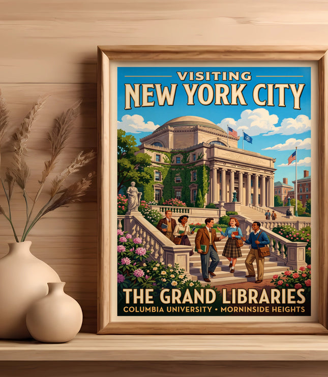 Vintage travel poster of Columbia University's Low Memorial Library with students.