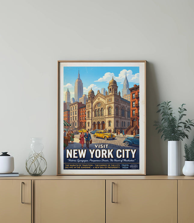 New York City travel poster featuring skyline and historic buildings.