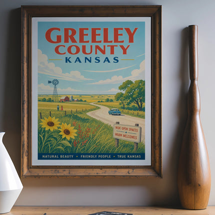 Greeley County Kansas travel poster with windmill, sunflowers, and vintage car.