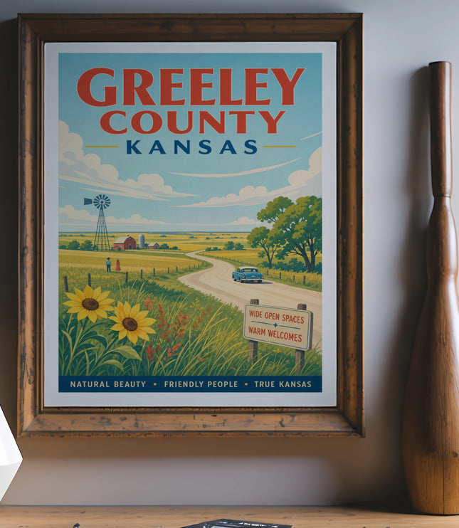 Greeley County Kansas travel poster with windmill, sunflowers, and vintage car.