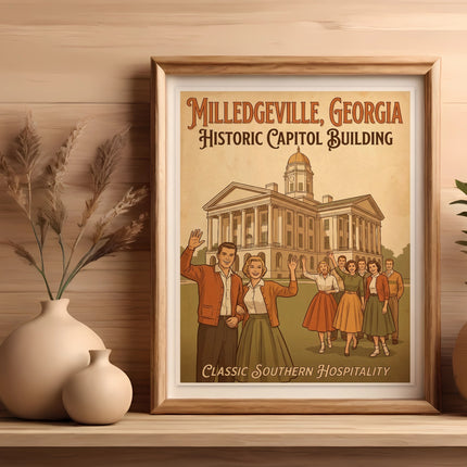 Framed print of Milledgeville Historic Capitol Building with text, flanked by vases and dried plants.