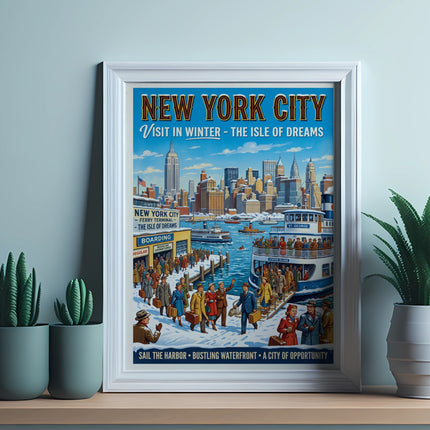 New York City poster of a ferry terminal with crowds, skyscrapers, and boats.