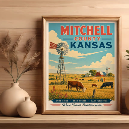 Framed poster of Mitchell County, Kansas, with windmill and cattle.