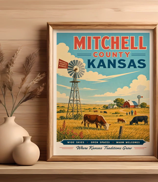 Framed poster of Mitchell County, Kansas, with windmill and cattle.
