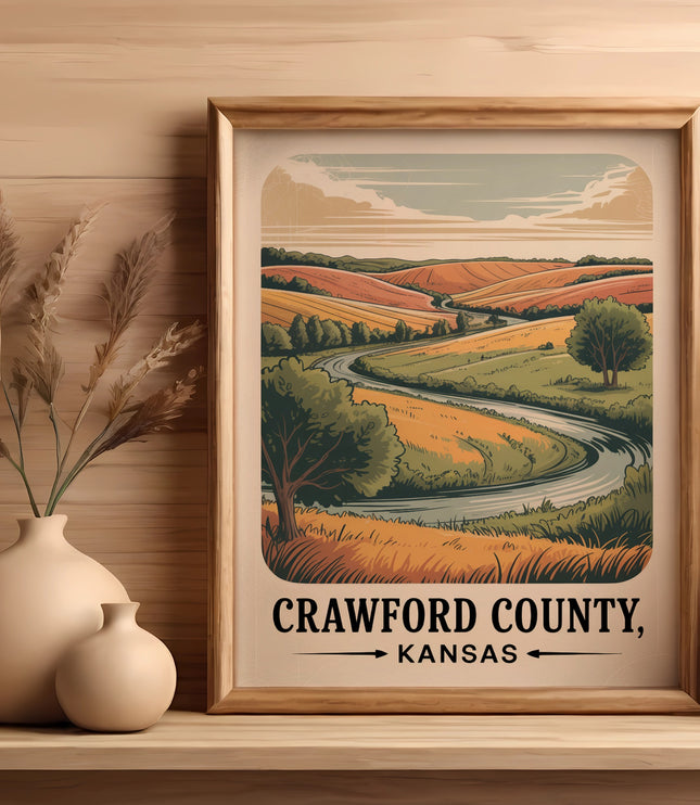 Framed artwork of rolling Kansas hills with a winding road, titled "Crawford County, Kansas".