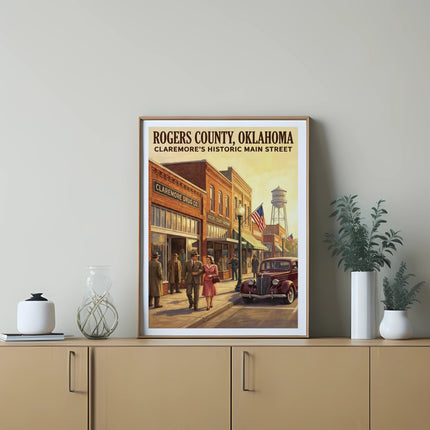 Poster of Rogers County, Oklahoma, Claremore's Historic Main Street with vintage cars and people.