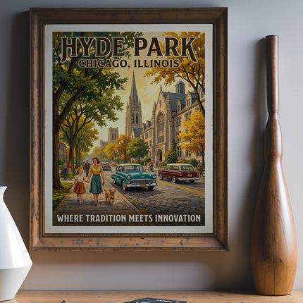 Hyde Park Chicago, Illinois poster with vintage cars, walking figures, and text.