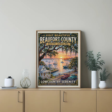Beaufort County, South Carolina vintage travel poster with waterfront, sailboats, trucks, and Spanish moss.
