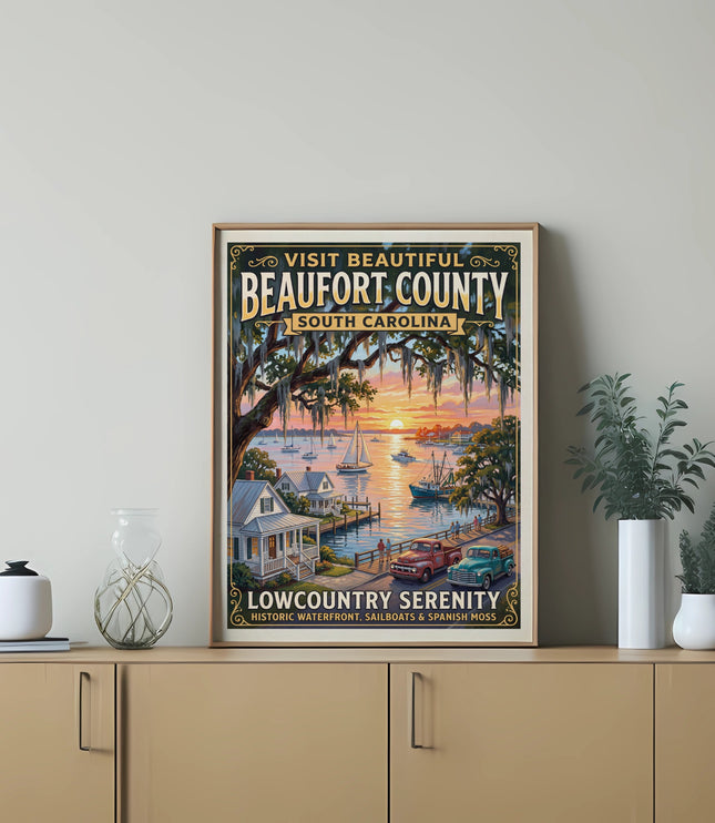 Beaufort County, South Carolina vintage travel poster with waterfront, sailboats, trucks, and Spanish moss.