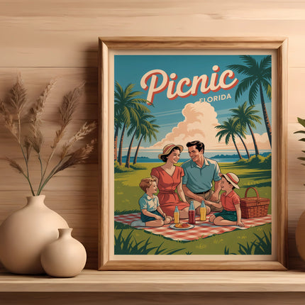 Vintage illustration of a family enjoying a picnic with palm trees and Florida text.