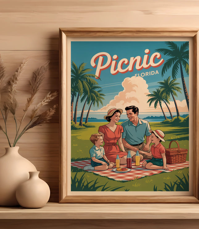 Vintage illustration of a family enjoying a picnic with palm trees and Florida text.
