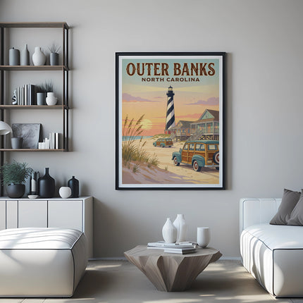 Poster of Outer Banks, North Carolina with lighthouse and beach scene.