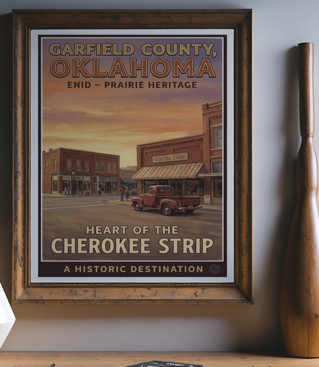 Garfield County, Oklahoma poster with vintage truck and buildings, "Heart of the Cherokee Strip."