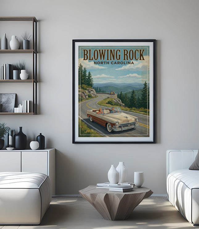 Vintage poster of Blowing Rock, North Carolina with classic car on mountain road.