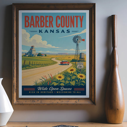 Vintage travel poster for Barber County, Kansas, featuring a windmill and fields.