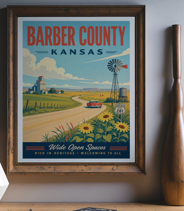 Vintage travel poster for Barber County, Kansas, featuring a windmill and fields.