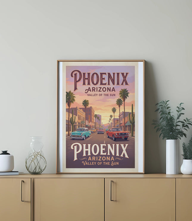 Retro style "Phoenix Arizona Valley of the Sun" poster with vintage cars.
