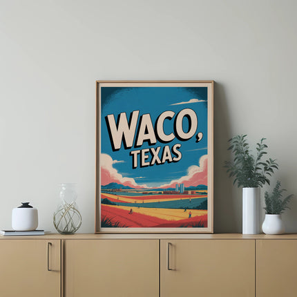 Waco, Texas vintage travel poster with colorful landscape.