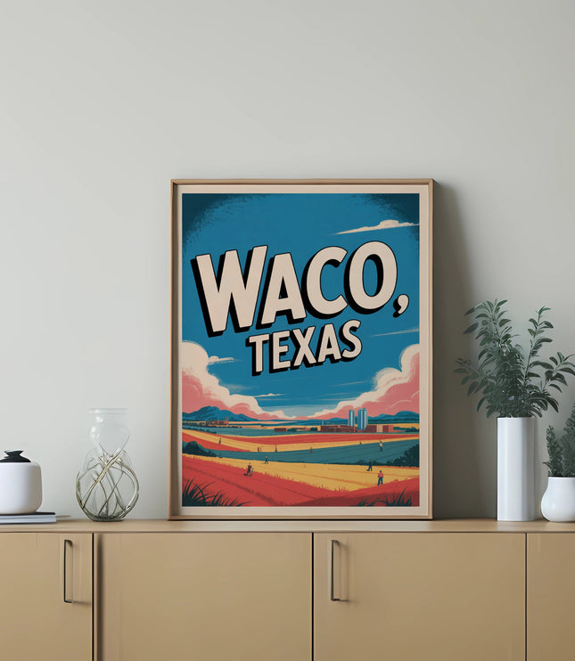 Waco, Texas vintage travel poster with colorful landscape.