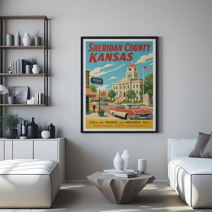 Framed poster of Sheridan County Courthouse, Hoxie, Kansas with vintage car.