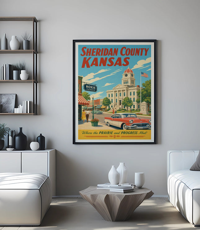 Framed poster of Sheridan County Courthouse, Hoxie, Kansas with vintage car.