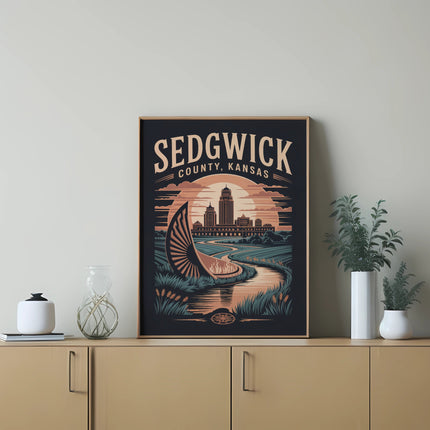 Sedgwick County, Kansas art print featuring a canal and cityscape with a sunburst.