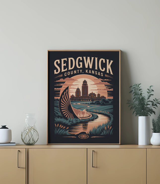 Sedgwick County, Kansas art print featuring a canal and cityscape with a sunburst.