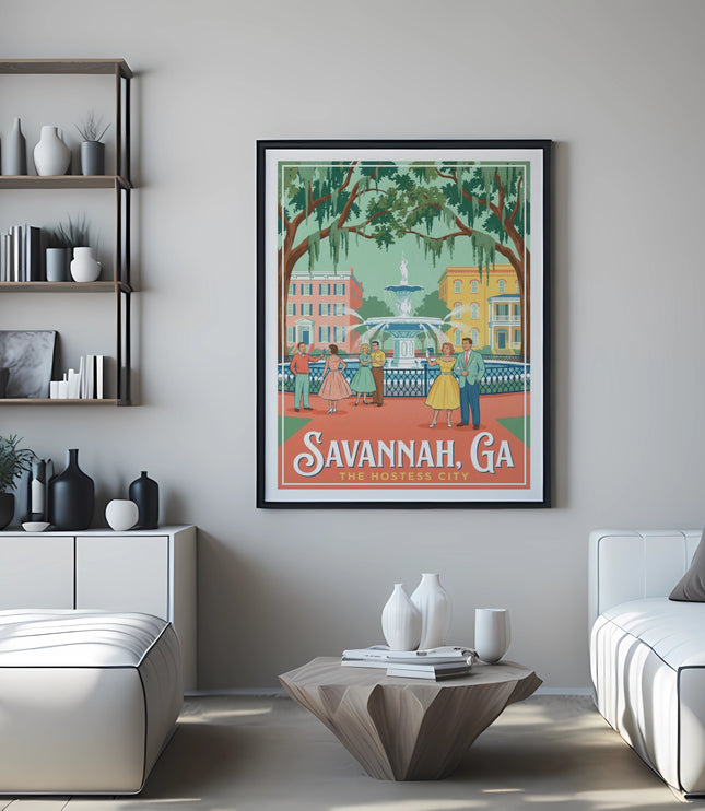 Vintage poster of Savannah, GA shows fountain, buildings, people, and text.