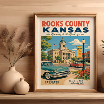 Vintage Rooks County, Kansas poster with courthouse, classic car, and town details.