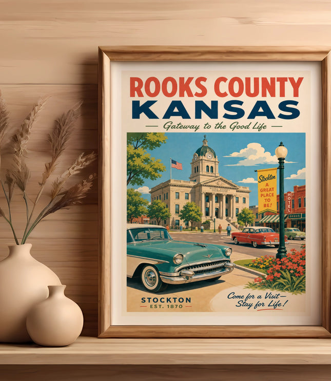 Vintage Rooks County, Kansas poster with courthouse, classic car, and town details.