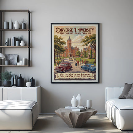 Converse University poster with historic campus and text about education.