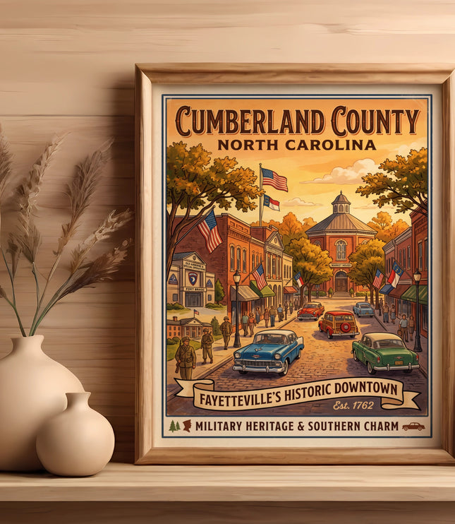 Cumberland County North Carolina poster depicting historic downtown Fayetteville and military heritage.