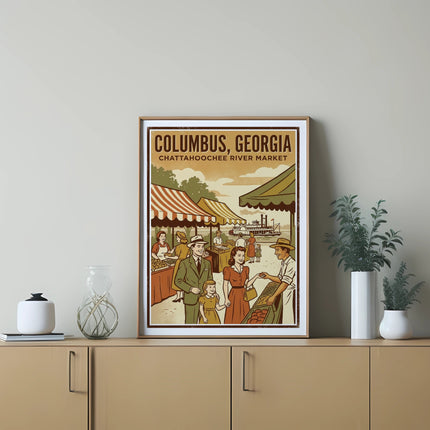 Columbus, Georgia Chattahoochee River Market vintage illustration of people at an outdoor market.