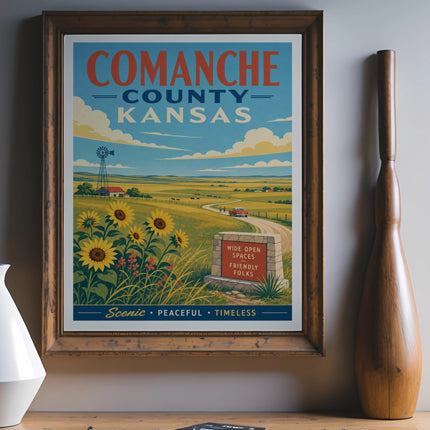 Retro poster for Comanche County, Kansas, featuring sunflowers and farmland.